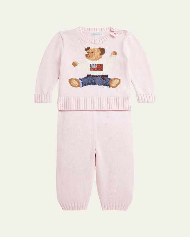 Girl's Flag Bear Intarsia Knit Sweater and Pants Set, Size 3